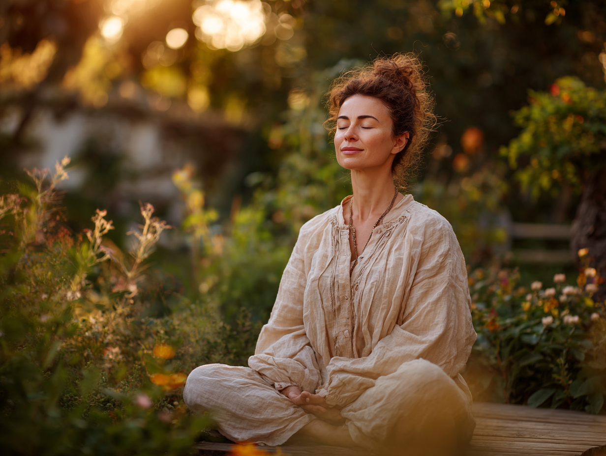 Людина в позі лотоса медитує на природі